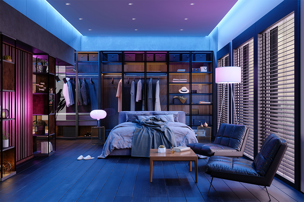 bedroom with multi coloured lights